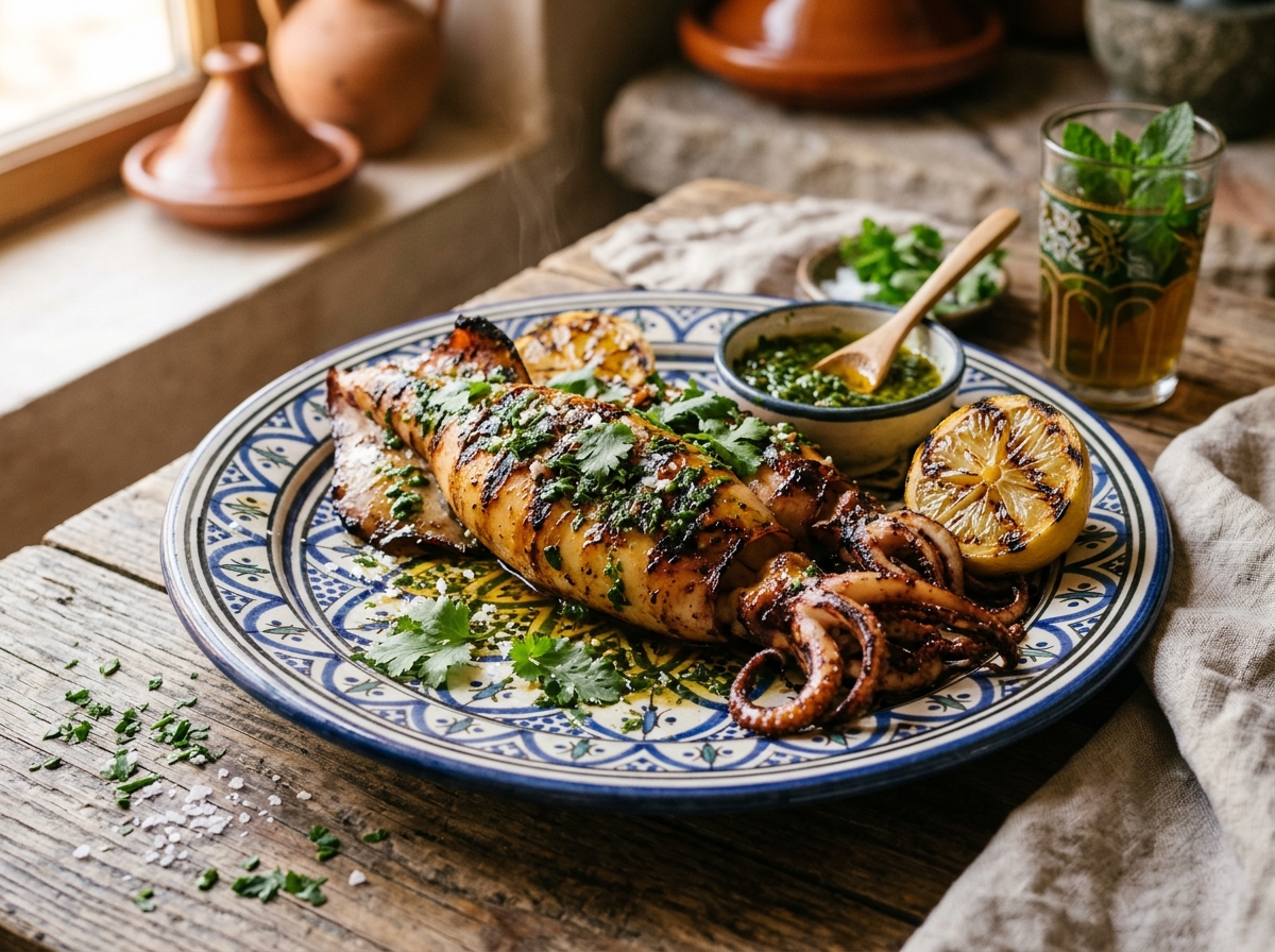 Healthy Moroccan Grilled Squid: Tender Atlantic Calamari with Chermoula & Charred Lemon